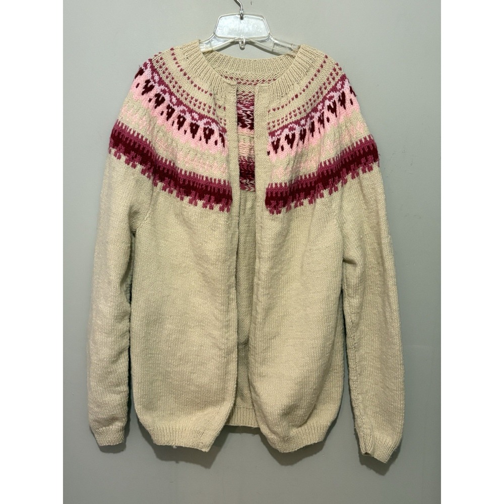 Hand Knit Fair Isle Cardigan Sweater Women's L Beige Pink Nordic Yoke Open Front